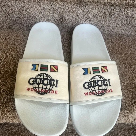 Gucci | Shoes | Gucci Worldwide Mens Cream White Logo Slide 